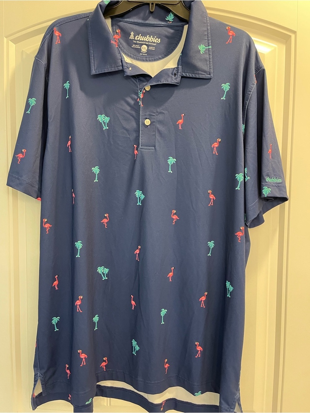 Chubbies Men's polo 2XL The Island Pal Performance Blue Flamingos & Palms Print